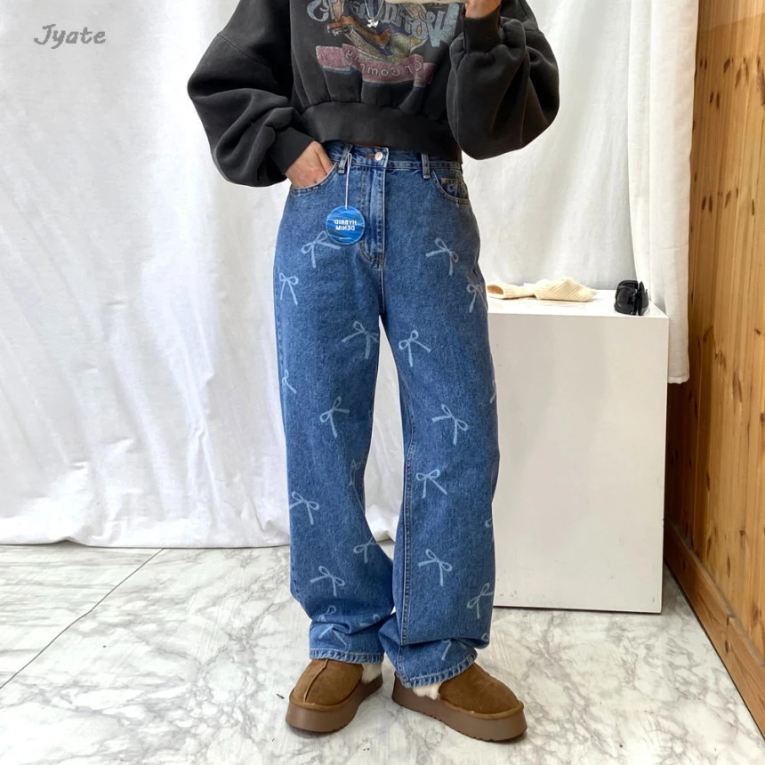 

Cute Chic Bow Print New Jeans For Women Spring Summer Retro Cotton Washed Wide Leg Pant 2024 High Waist Fashion Denim Trouser