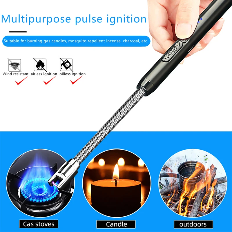 USB 360° Kitchen Candle Gas Stove Plasma Pulse Electric Arc Lighter Outdoor Metal Windproof Power Display Hook Ignition Gun