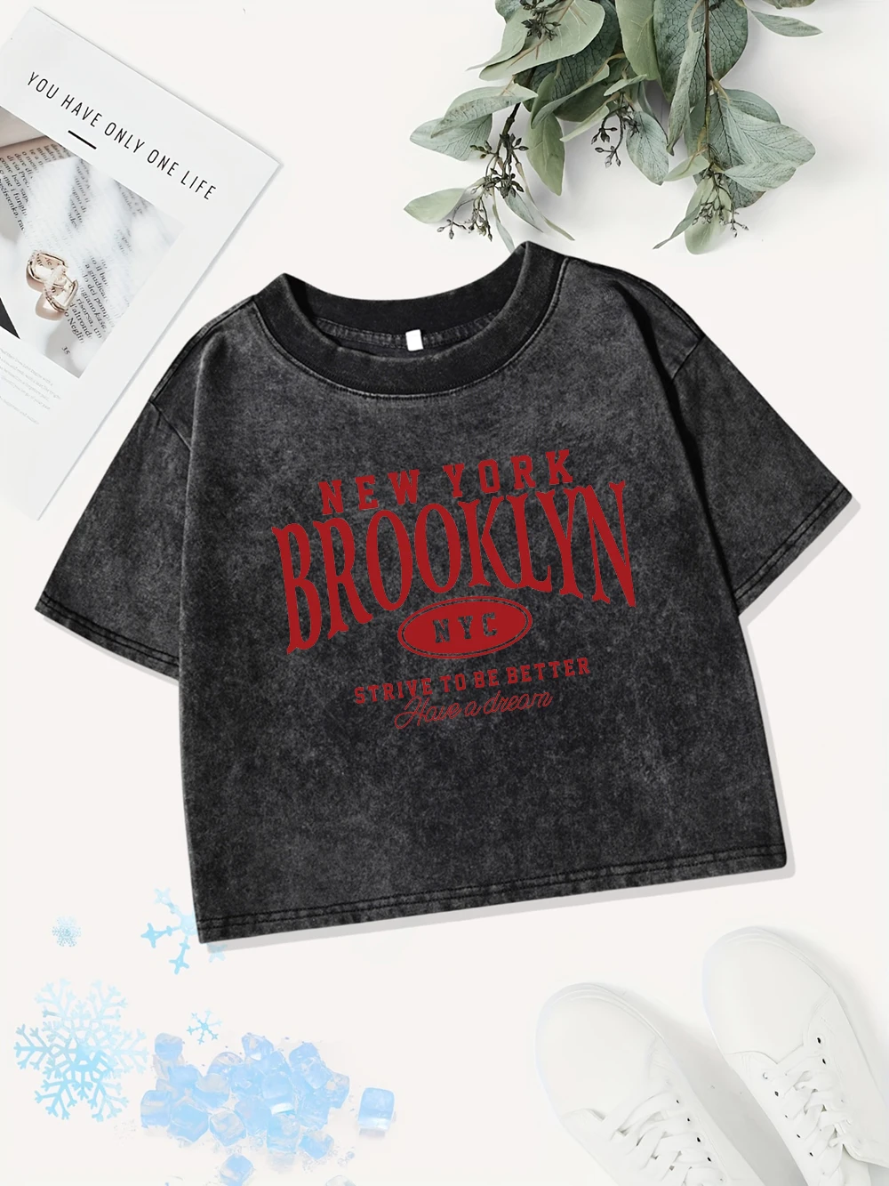 Sommer Baumwolle Crop Tops Damen New York Brooklyn Nyc Drucke gewaschene T-Shirts Straße O-Ausschnitt Regular Fit Streetwear Freizeitkleidung – Detail 7