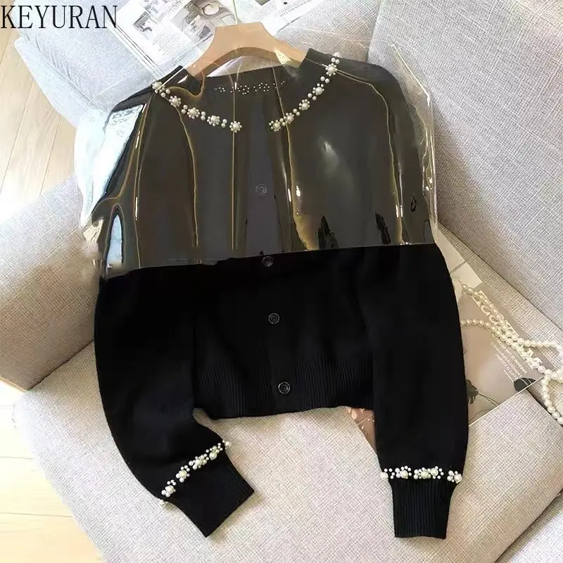 

Женский трикотажный кардиган с круглым вырезом, укороченный свитер с длинным рукавом и бусинами, весна-осень 2024