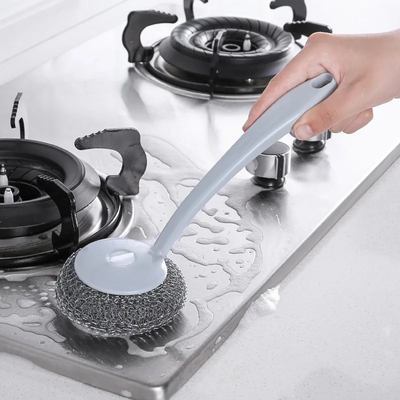 Cleaning Brushes With Long Handle Wire Ball Stainless Steel Hanging Cleaning Brush Pan Dish Handle Kitchen Washing Tool 