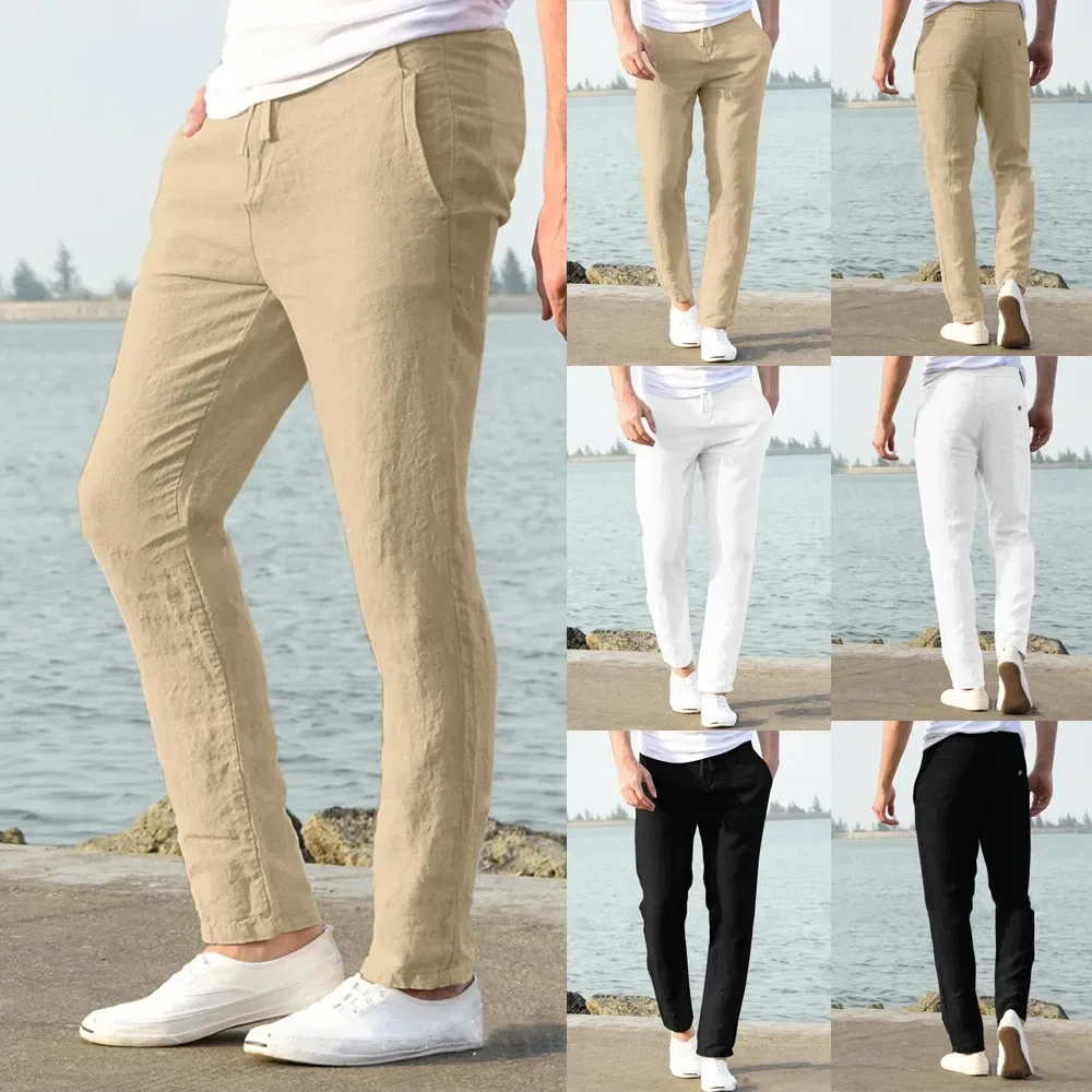 Pantalones De Lino Y Algodón Para Hombre - Cintura Elástica Con Cordón, Transpirables, Ideales Para Verano
