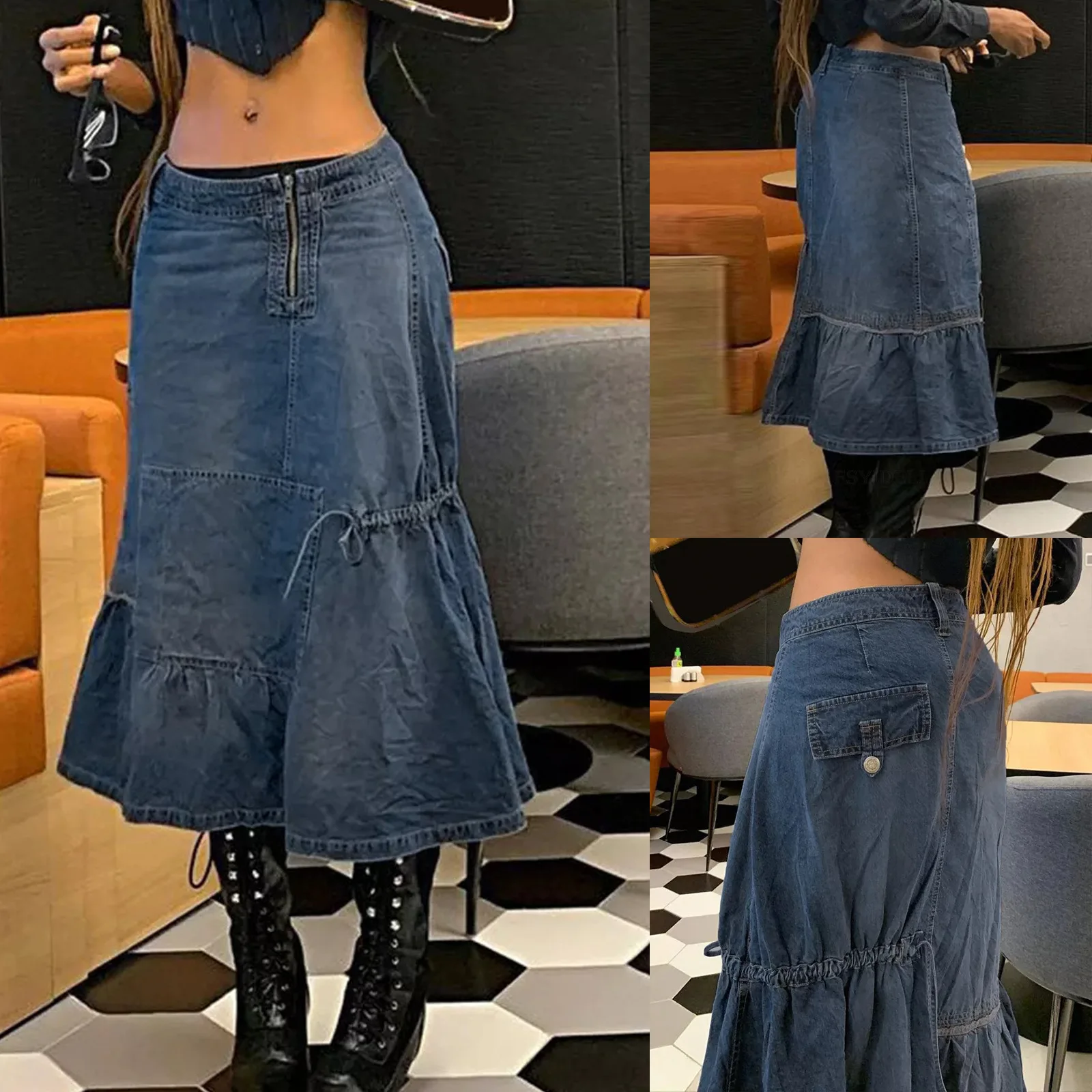 SKMY Sexy Y2k Jeans Skirt Clothes For Women High Waist A-Line Irregular Drawstring 2023 Autumn Harajuku Fashion Vintage Skirt