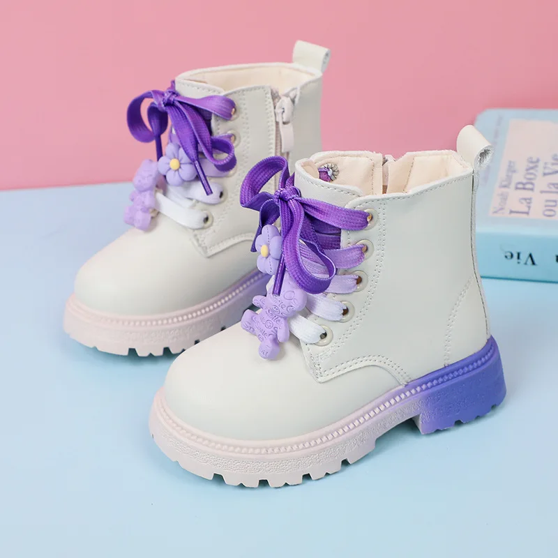Girl\'s Ankle Boots 2023 Autumn Winter New Children Short Boot 22-33 Toddler Round Toe Chunky Rubber Fashion Side Zip Kids Shoes