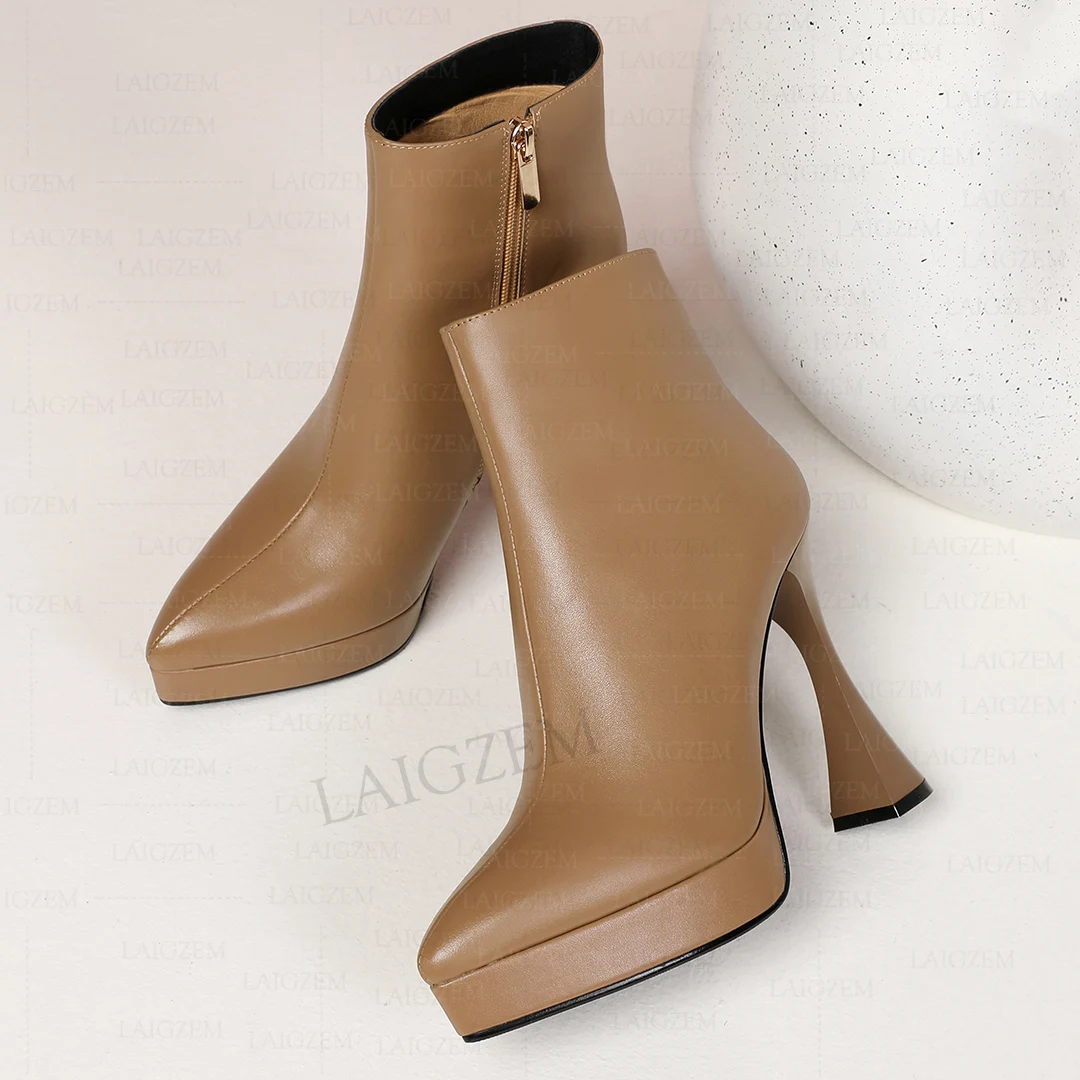 

LAIGZEM Women Ankle Boots Genuine Leather Pointed Toe Side Zip Up 12CM High Heels Short Booties Shoes Woman Large Size 33 40 41