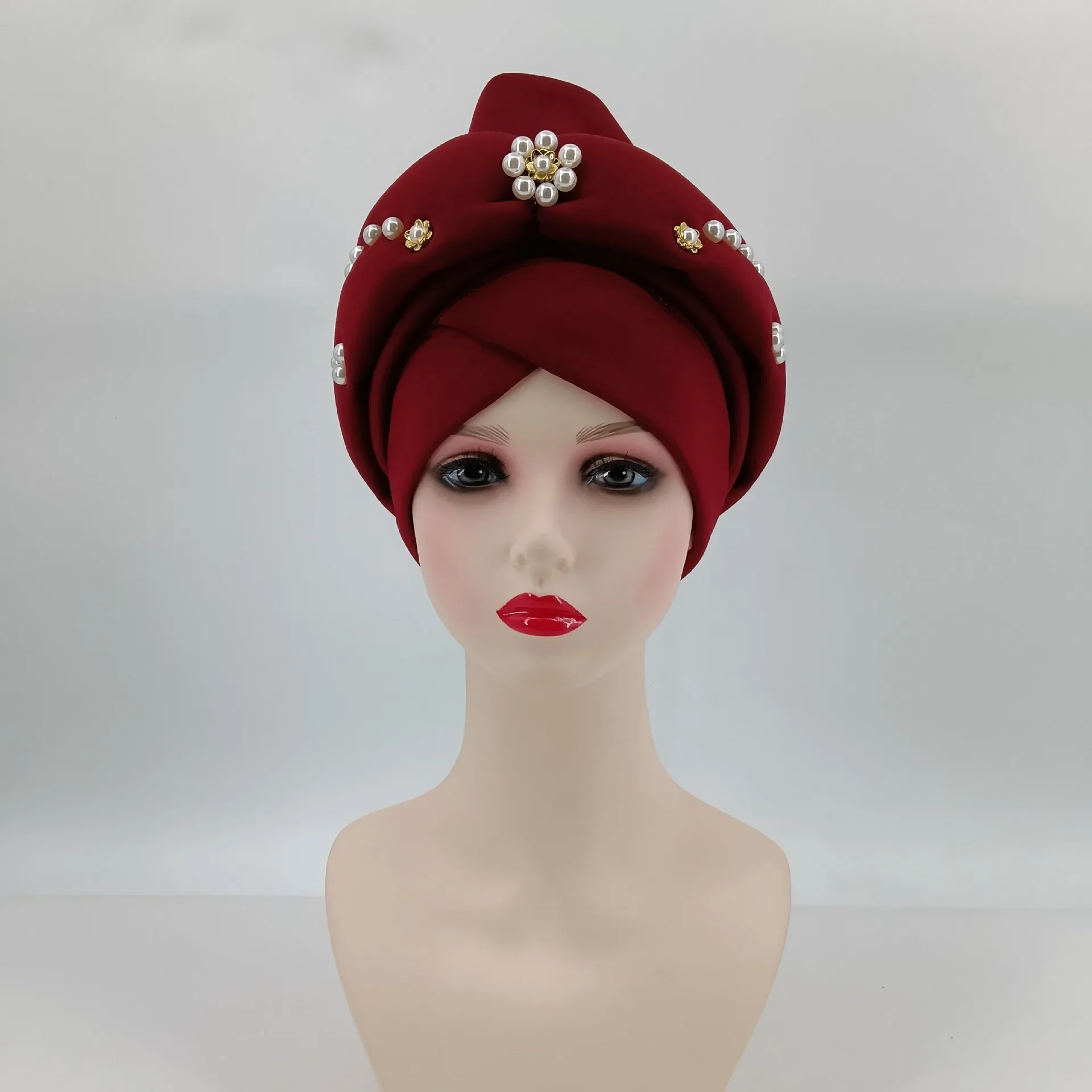Beaded Crinkle Head Wraps for Women African Headwear Beanies Wedding Headtie Bonnet Party Turban Fashion New 3