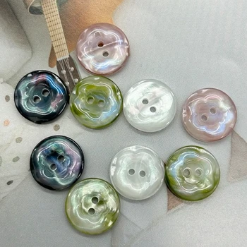 10pcs Set Vibrant Floral Resin Buttons, 11.5/15/20mm 2-Hole Pearlescent Round Buttons for Shirt Sweater Dress Decor (Green/Pink)