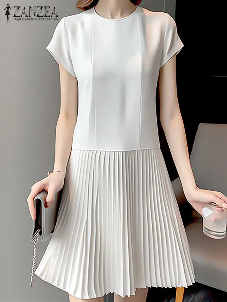 

Элегантное плиссированное платье ZANZEA с коротким рукавом, женское летнее однотонное длинное платье-трапеция, платья-миди 2024, повседневное короткое платье с круглым вырезом