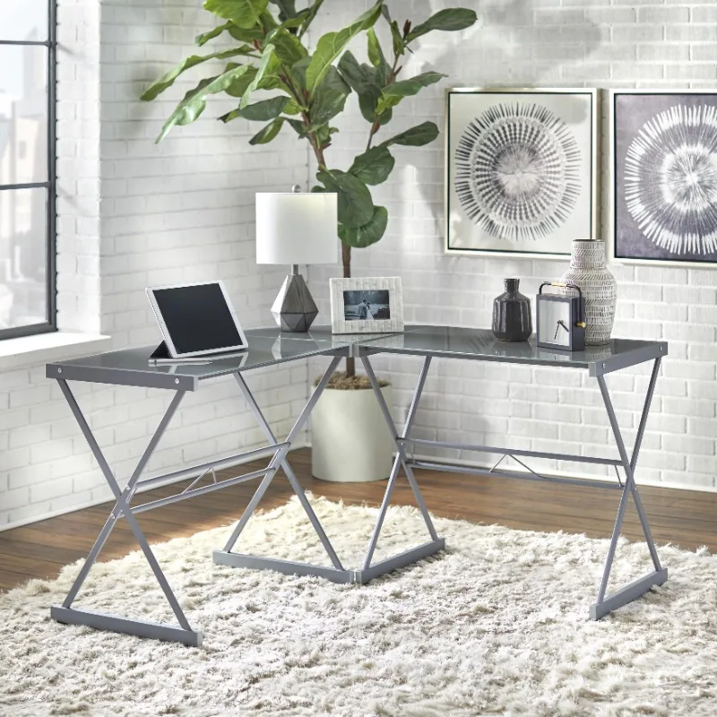 

TMS Atrium Metal and Glass L-shaped Computer Desk, Gray