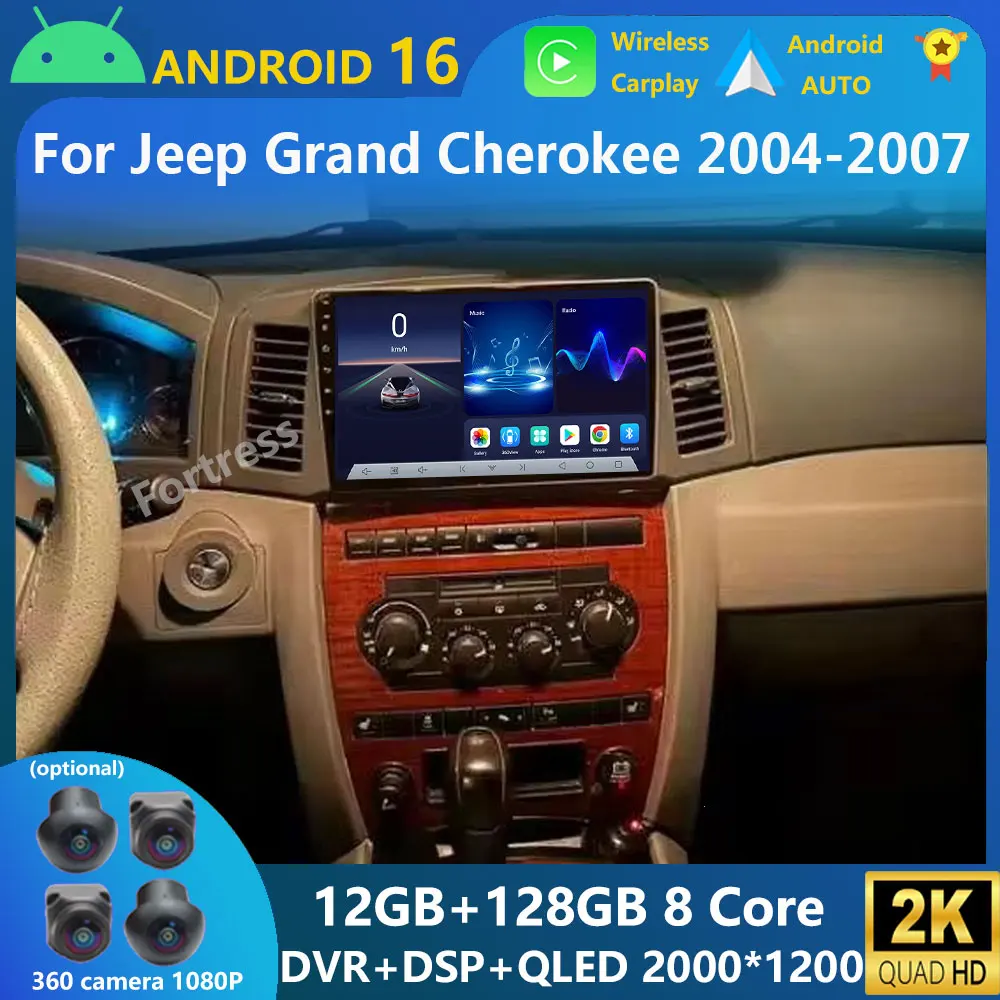 Android16 Carplay para JEEP Grand Cherokee WK 2004 2005 2006 2007 Multimedia Radio de coche reproductor de navegador vídeo Android auto WIFI 1