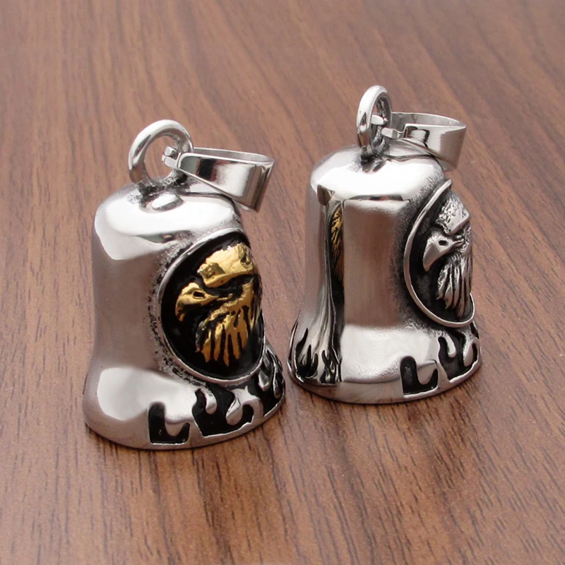 Free Shipping Punk Stainless Steel Silver Color Black Plated Fire Eagle Biker Motorcycle Tinkle Gold Plated Bell Pendant Jewelry 2