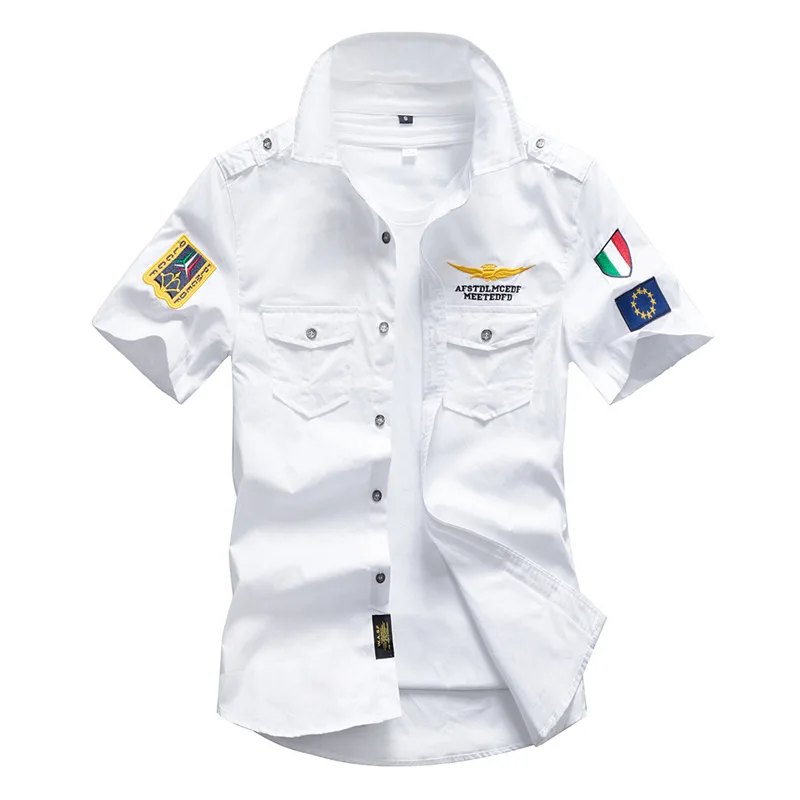 Mens Summer Cargo Shirts Mens Casual Slim Embriidery Short Sleeve Cotton Shirts Outdoor Tactical Shirts
