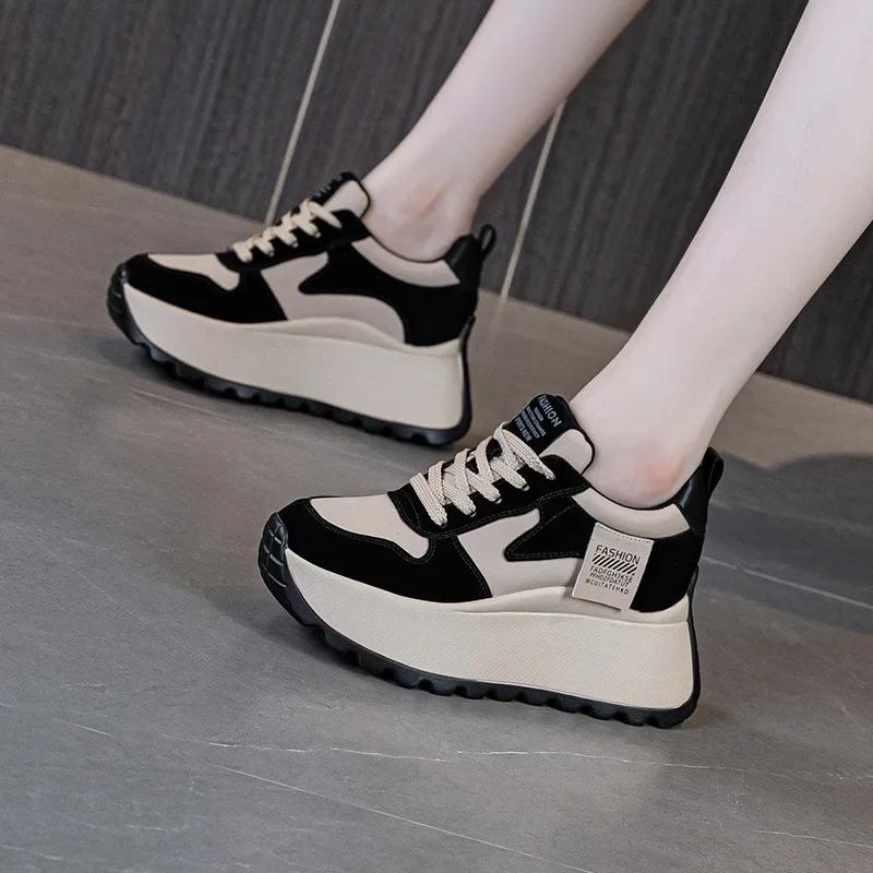 Autumn/Winter Women's Casual Shoes 8cm Thick Bottomed Letter Printed Brown Sports