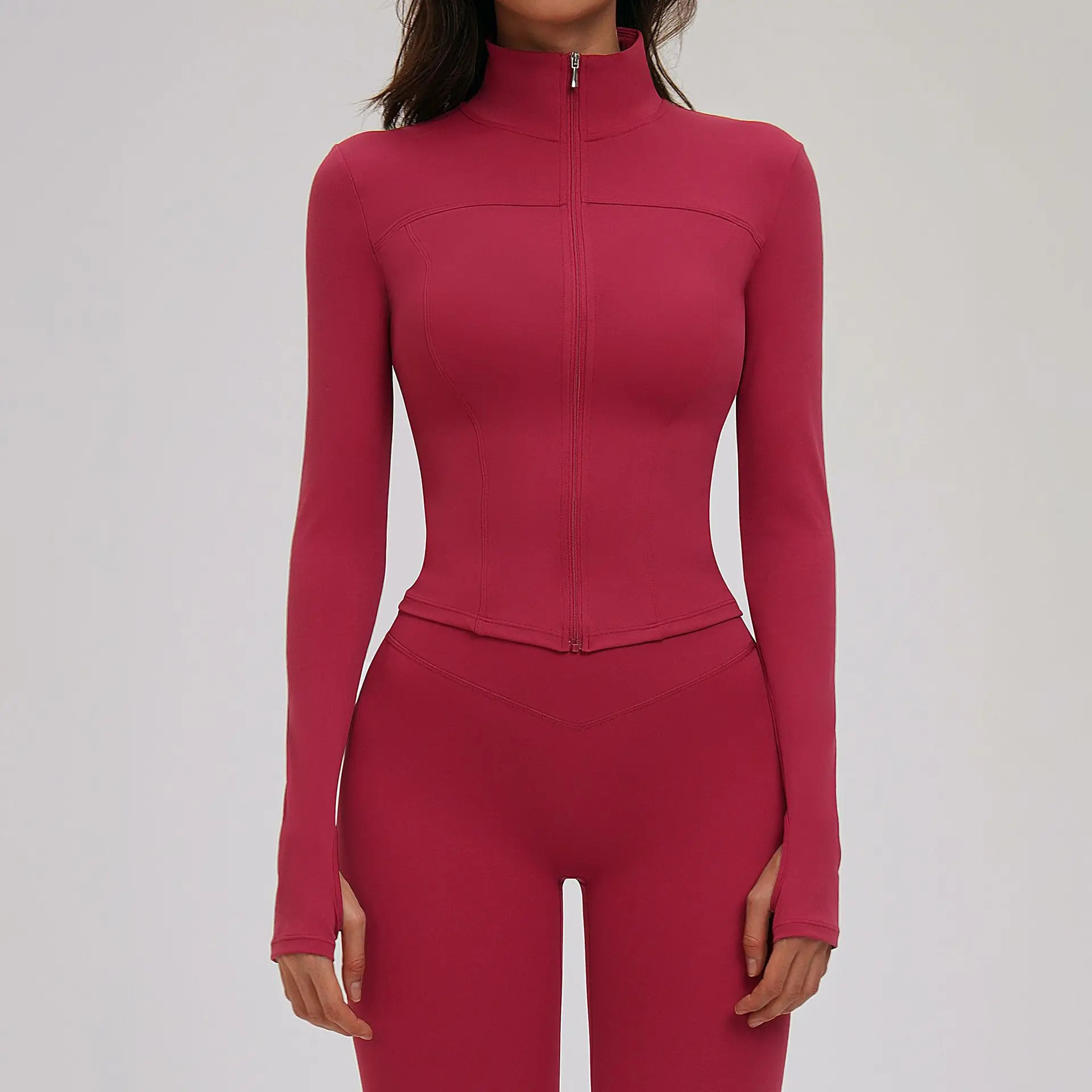 스포츠 긴팔 여성 요가복 빠른 건조 지퍼 긴팔 가디건 스탠드업 칼라 재킷 러닝 피트니스 재킷 탑