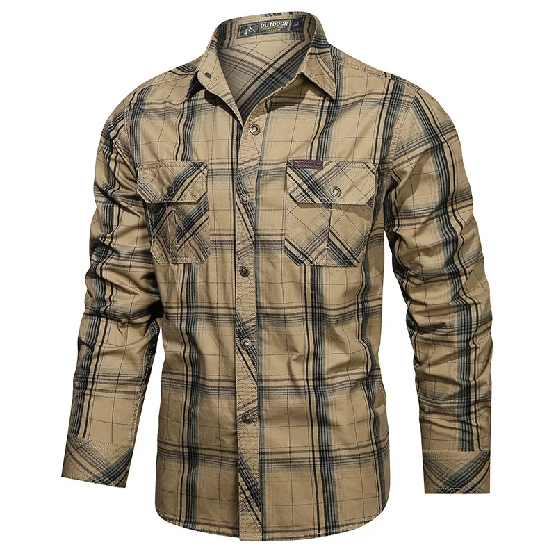 Mens long sleeve shirts Men's Autumn Plaid Striped Long-sleeved Shirts Casual Button Down Quick Dry Cargo Outdoor Hiking Safari Work Shirts