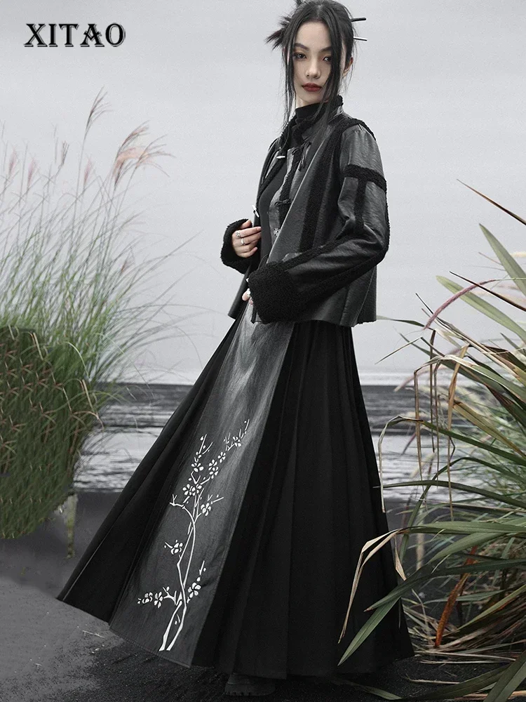 

XITAO Embroidery Horse Noodle Skirt Black Fashion Advanced Sense Temperament New Chinese Style Pleated Skirt Winter DMJ3116