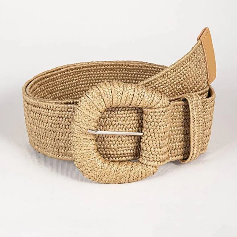 New Retro Women Summer Pin Buckle Belts Fashion Female Braided Wide Belts Designer Woven Elastic PP Straw Grass Girls Waistband grass adult female girl summer beach sunshade sunscreen grass weaving hollow out versatile show face small fisherman hat dm10