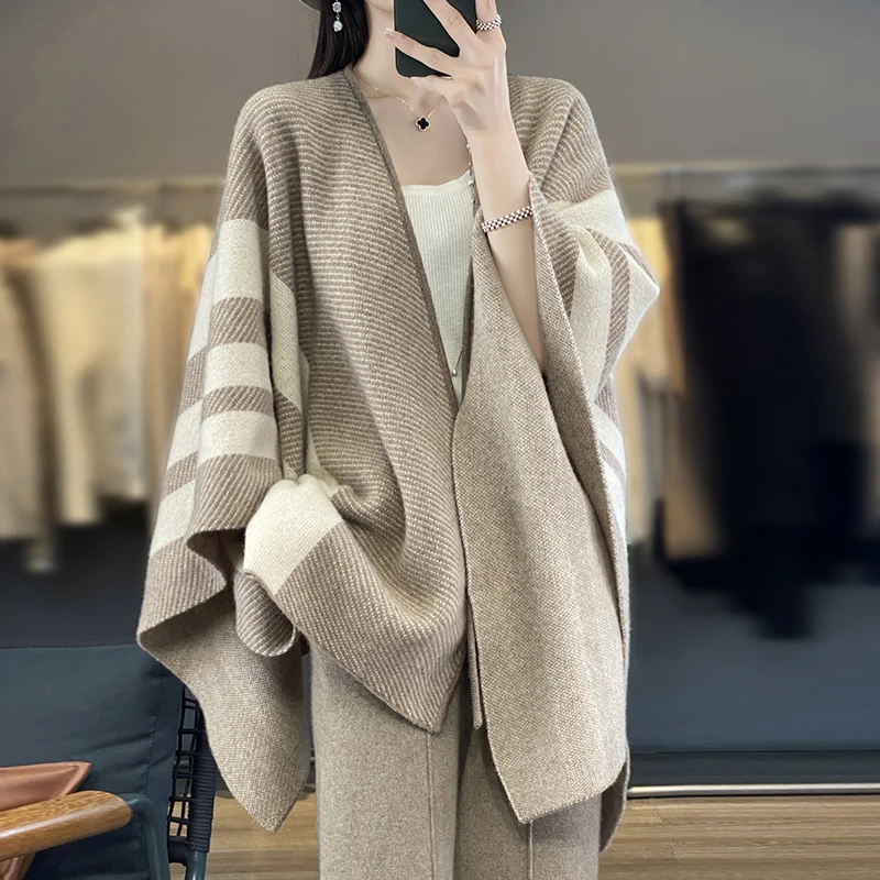 Merino Wool Shawl Knitted Temperament Outdoor Loose Striped Women's Clothes Autumn and Winter