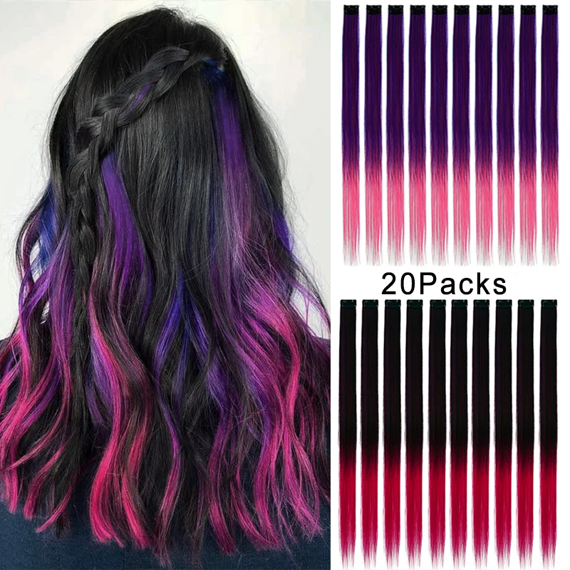 22inch Colored Hair Extensions Clip in Party Highlights Rainbow Hair Extension for Women 20PCS Hairpieces Girls Hair Accessories