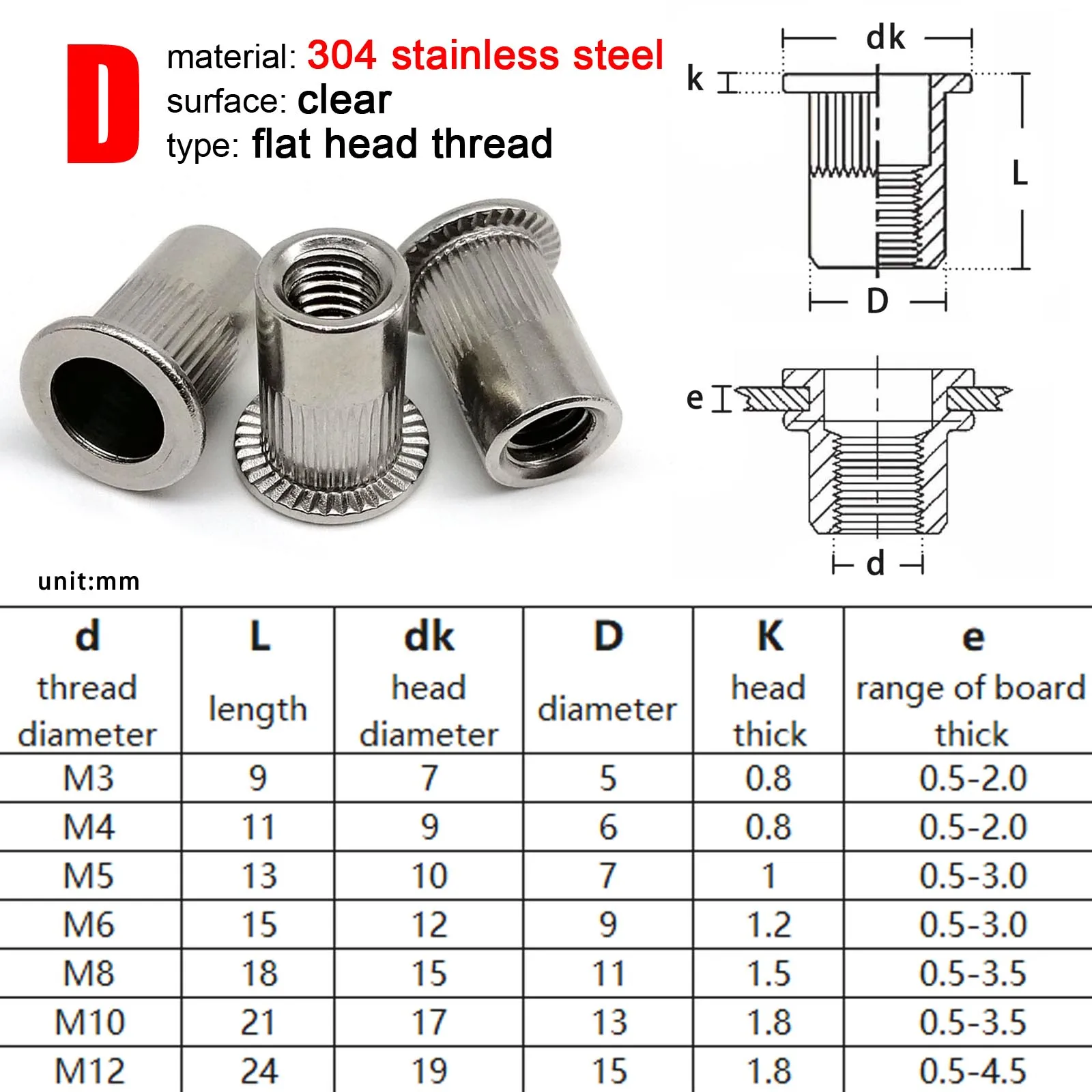 20 Stück M3 M4 M5 M6 M8 M10 M12 Einsatz Nietmutter Nietmuttern Nutsert Blind Hex Flachkopf Kohlenstoffstahl Aluminium 304 316 Edelstahl – Detail 5