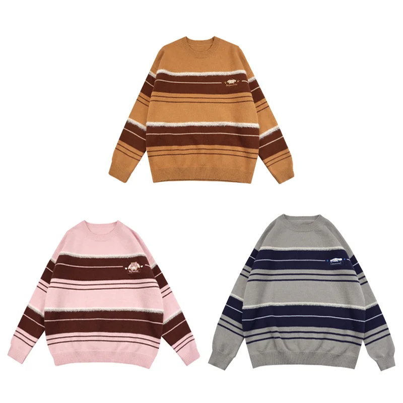 

Kawaii Sanrio Striped Sweater Female Winter Cute Anime Melody Cinnamoroll Furry Loose Female Student Round Neck Top Girls Gift