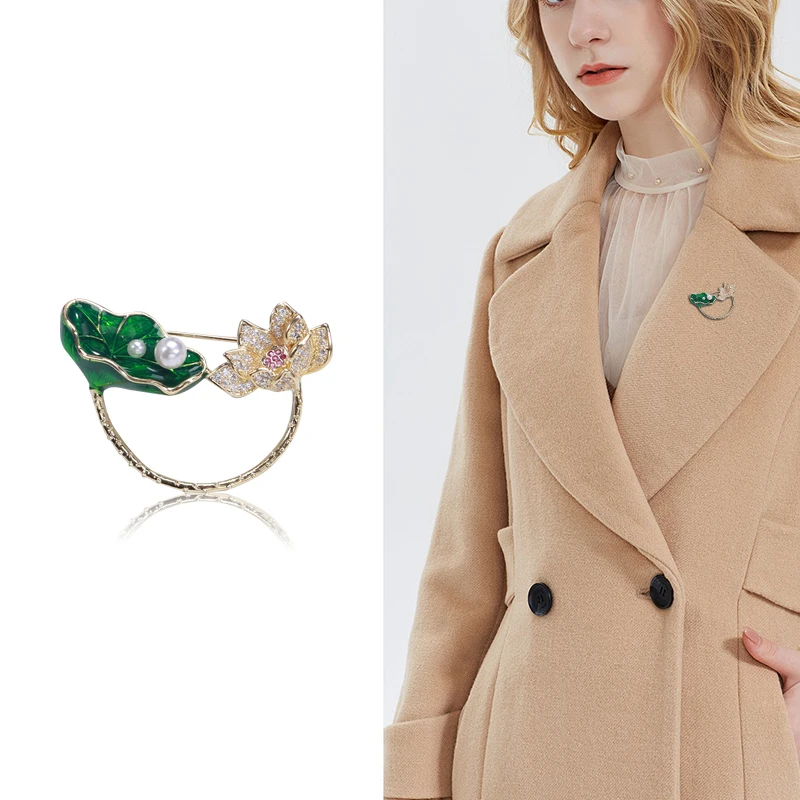 Blucome Lotus Flower And Lotus Leaf Shape Brooch Gold Color Enamel Jewelry Pins Girl Boy Gifts Scarf Hat Accessories