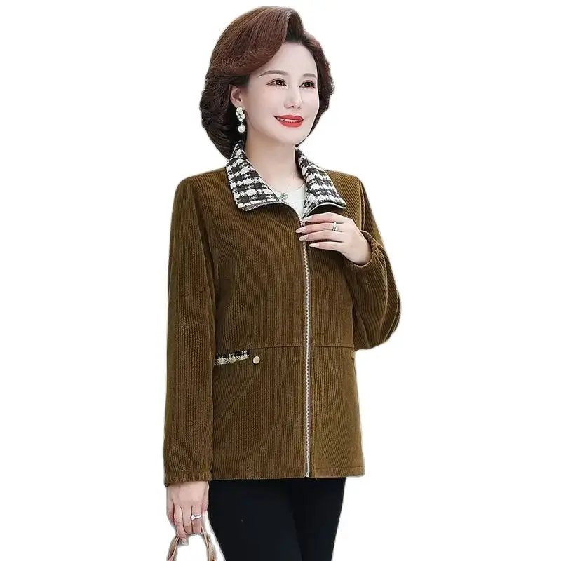 

Fashion High-end Mother Spring And Autumn Plaid Stitching Corduroy Jacket Women's Western Style Age-reducing Loose Casual Jacket