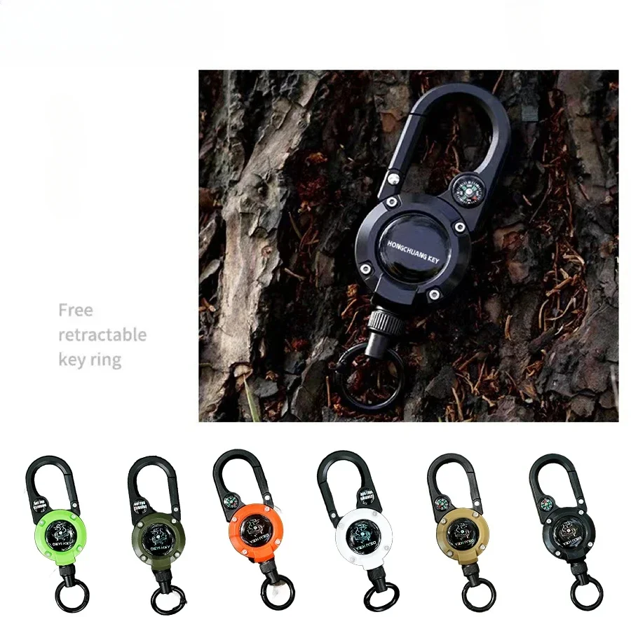 Portable Telescopic Steel Wire Buckle Multi-function With Compass Pull Reel Steel Wire Rope Retractable Carabiner Key Chains