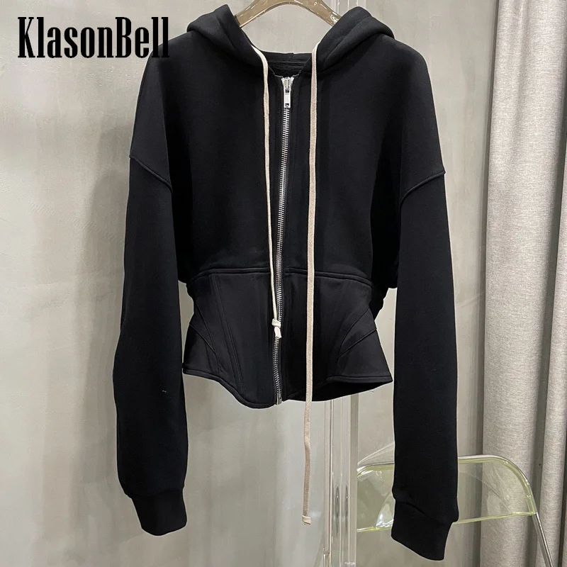 

11.15 KlasonBell Women's Fashion Black Patchwork Collect Waist Short Hooded Long Sleeve Zipper Jacket Sweatshirt