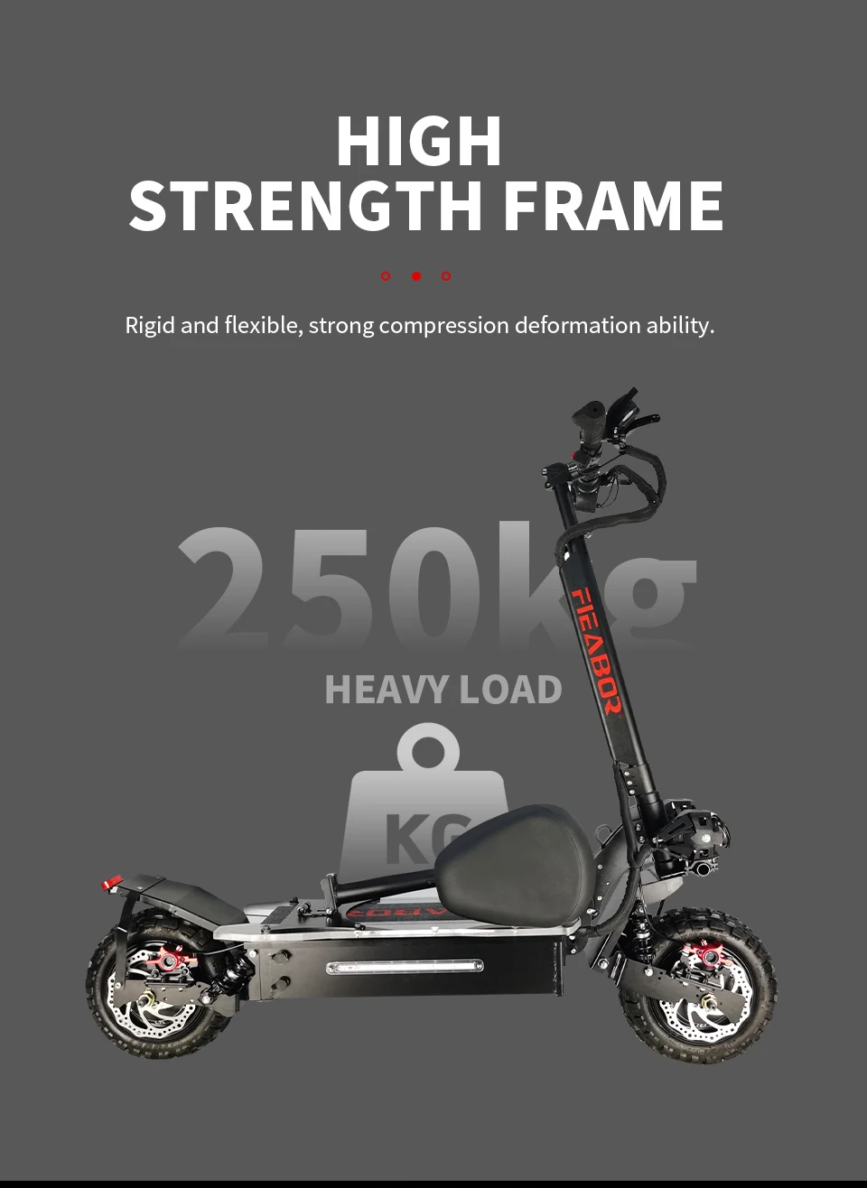 A portable electric scooter that supports 250 kg or 551 lbs.