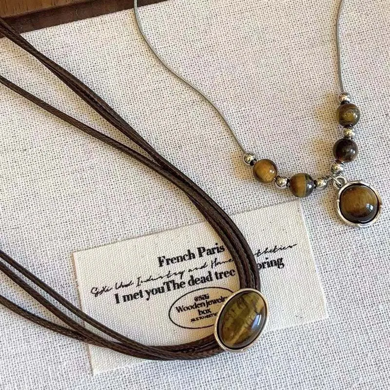 Vintage Tiger Eye Stone Pendant Necklaces for Women Fashion