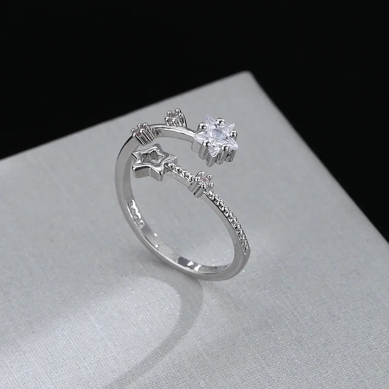 Korean Five Pointed Star Rings Women Simple Zircon Cross Opening Adjustable Finger Rings Jewelry Party Gift