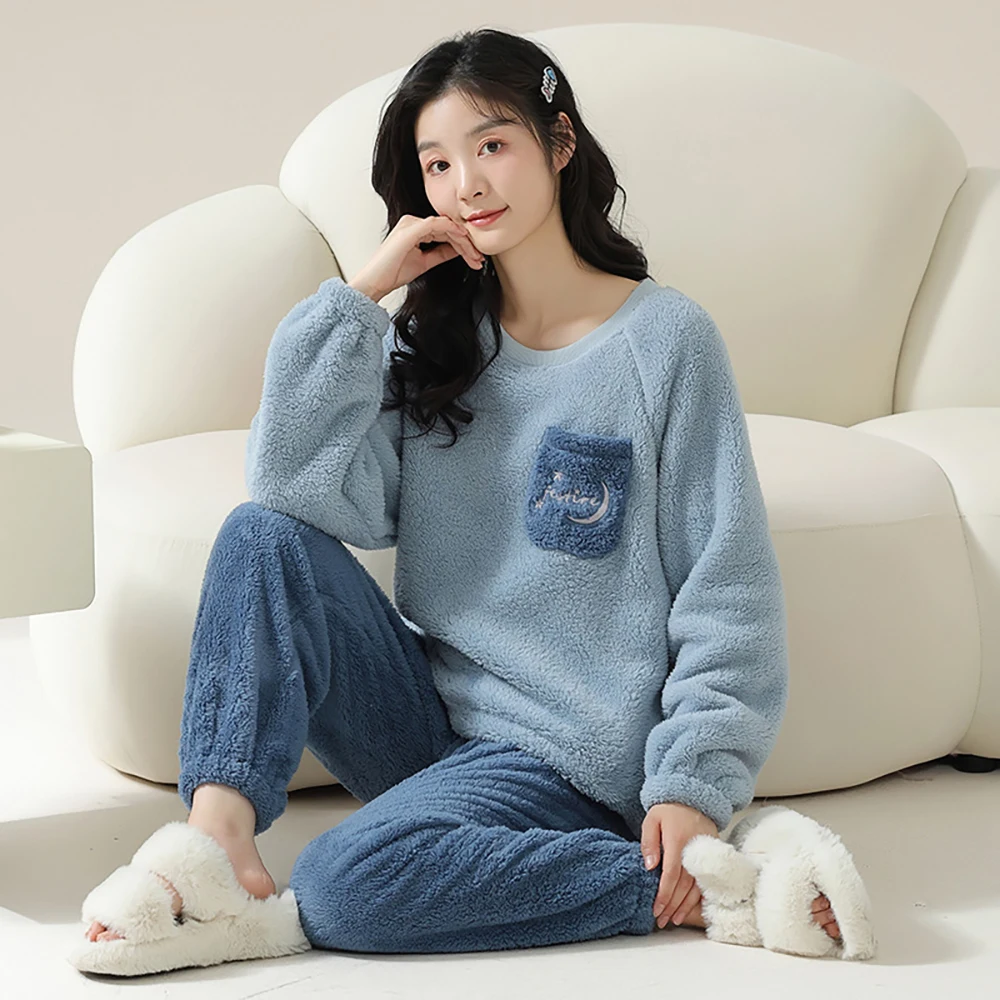 School Style Cute Girl Sleepwear for Sleeping Pajama Woman Winter Double-side Thicken Flannel Pajamas Set Warm Windproof Pijama