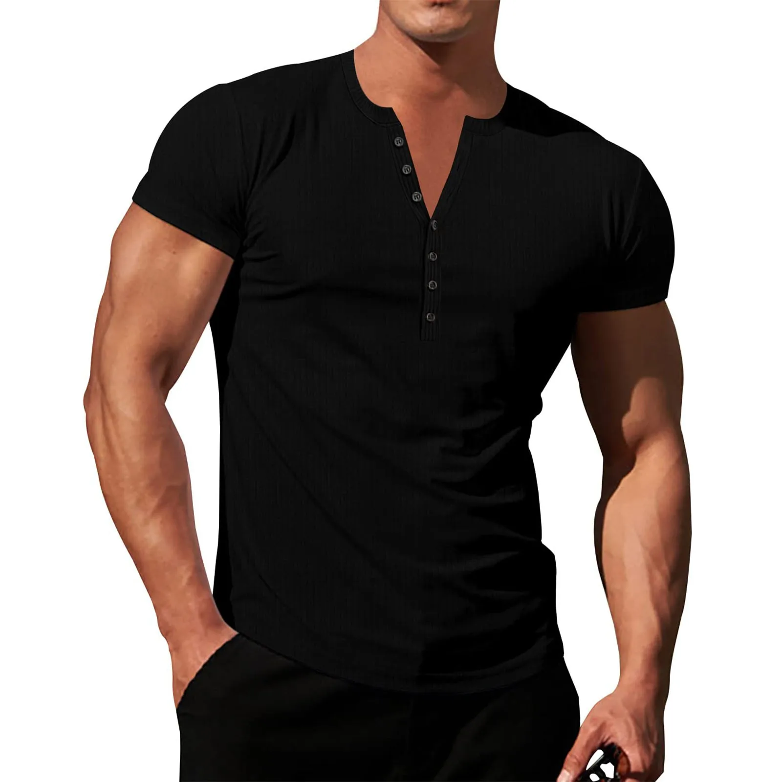 

Mens Knitted Stretch Henley Shirt Buttons Collar Short Sleeve Elastic Slim Fit Shirts Athletic Muscle Sports Workout Tee Shirts