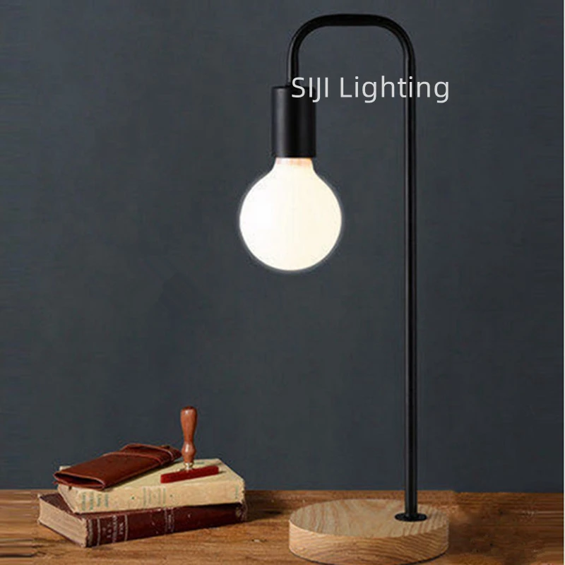 

E27 LED Desk Lamp Loft Industrial Nightstand Lamps Wooden Base Table Lamp Vintage Bedside light for Living Room Office Bedroom