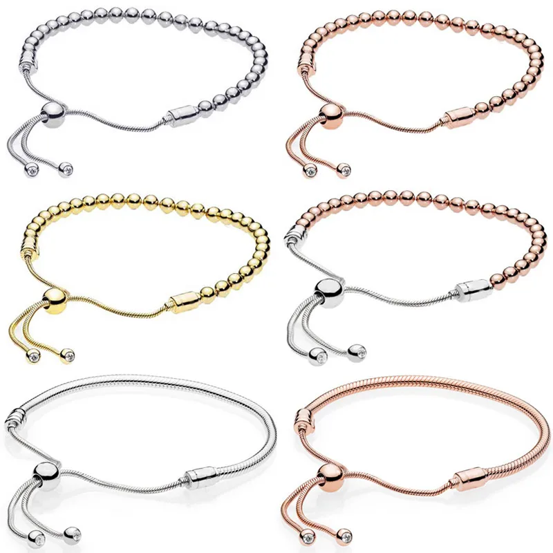 

Original Rose Gold String Of Beads Sliding Clasp Adjust Bracelet Fit Fashion 925 Sterling Silver Bangle Bead Charm DIY Jewelry