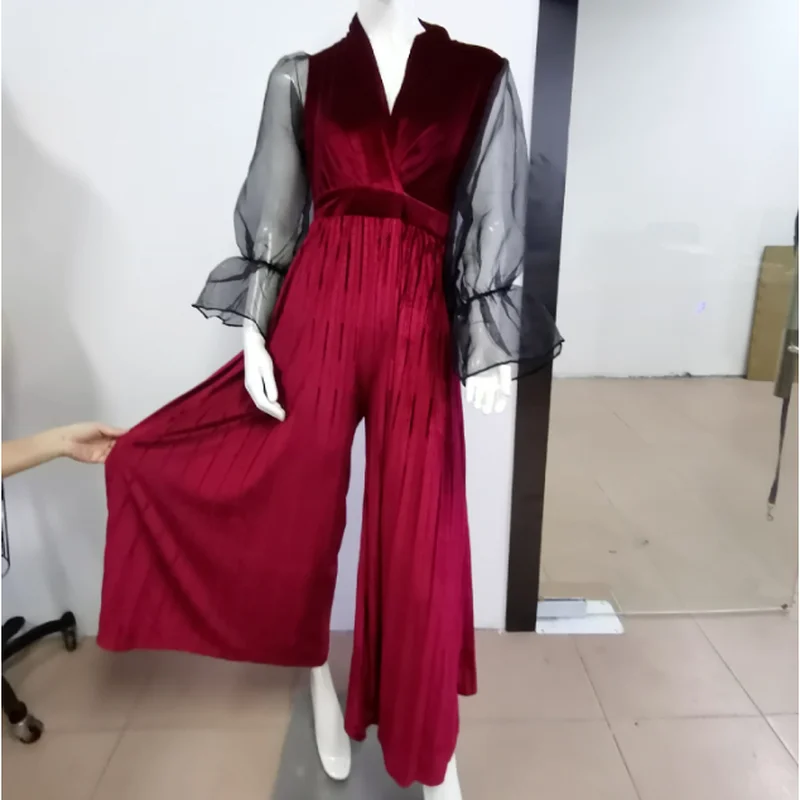 Wide Leg Sexy Jumpsuit Printing Ladies Off-shoulder Mesh Long-sleeved Casual Party Elegant Office Ladies Dovetail Long Jumpsuit