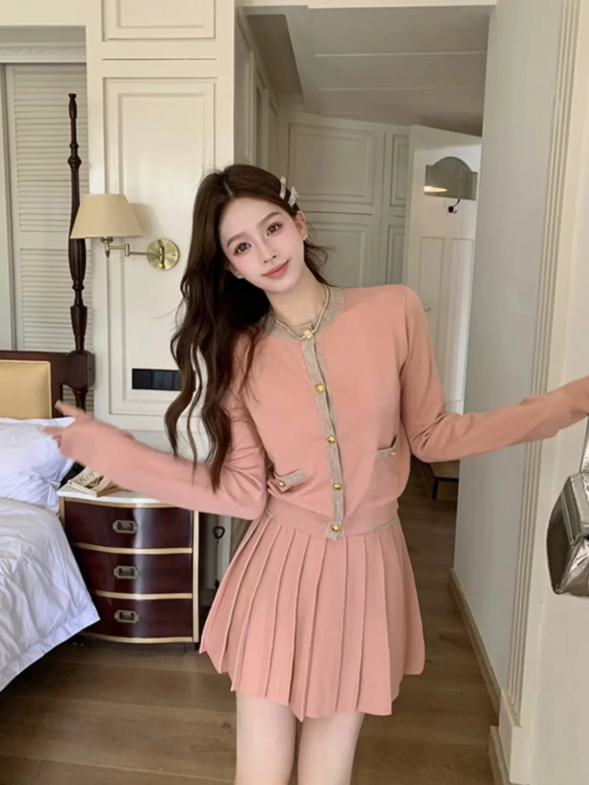 Cute Korean Outfits Mini Skirt Korean Style Piece Set Women Single Breasted  Top Solid Mini Pleated