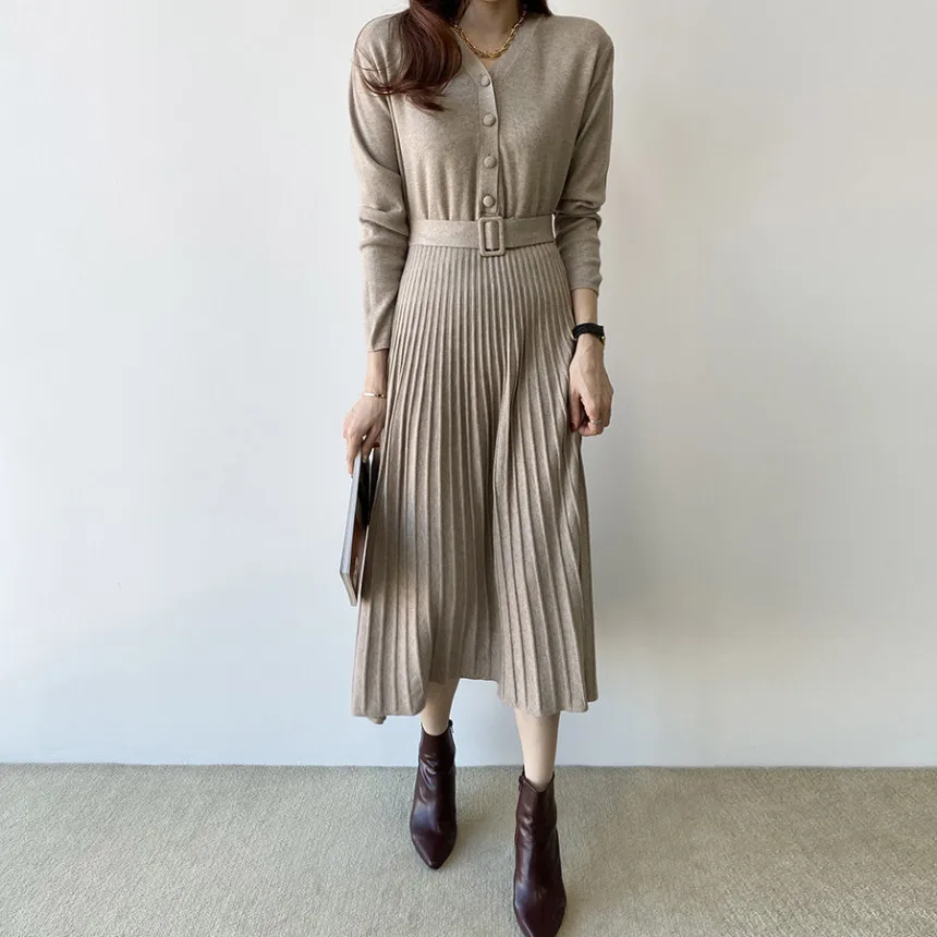 

Elegant V-neck Single-breasted Women Thicken Sweater Dress 2024 Autumn Winter Knitted Belted Female A-line soft dresses