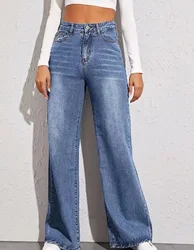 High Waist Blue Jeans for Women Washed Zipper Fly Ankle Length Denim Pants Straight Leg Ladies Casual Jeans Slouchy Jeans Women