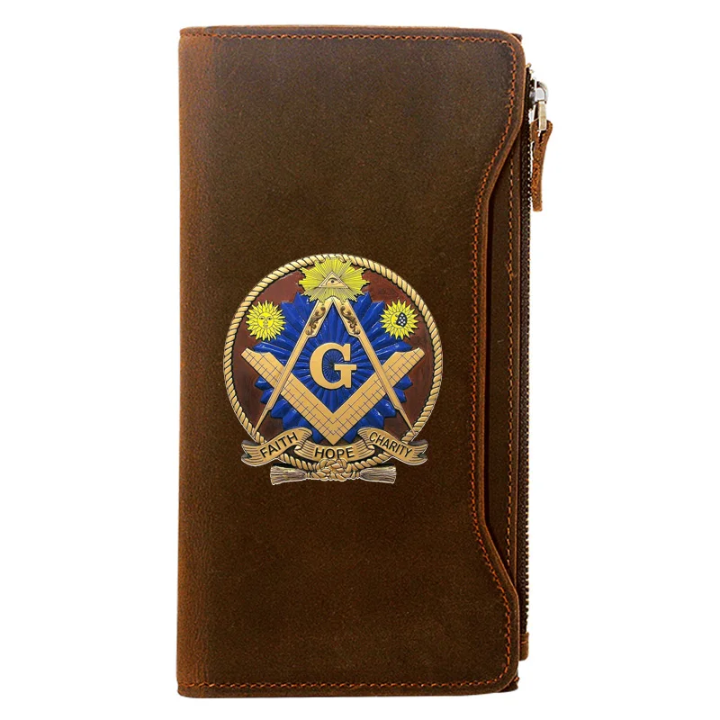 Masonic Sun Face Faith Hope Charity Printing  Long Wallets Zipper Large Capacity Genuine Leather Male Purse Clutch Bag BI1450