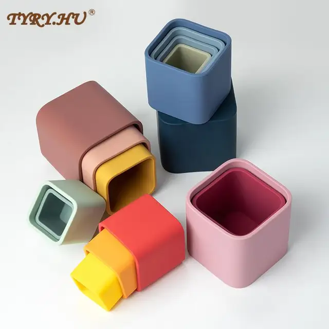 Silicone Building Block Baby Silicone Teether BPA Free Stacking Cups Hourglass Toys Plastic Stacked Cups Baby Educational Toys 1