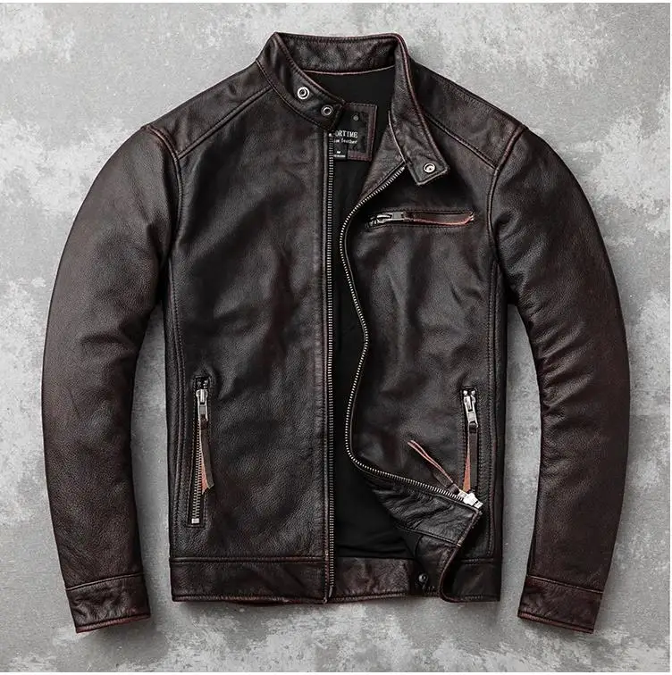 Men Leather Jacket-Classic Motor Rider Genuine Leather Jacket Slim Fit Cowhide Coat Mens Fashion Real Leather Jacket Asian Size