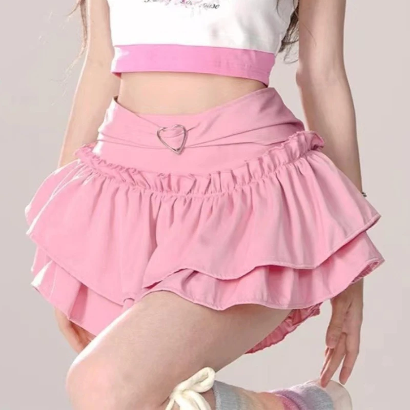 Heart Buckle Tiered Mini Skirt Women Layered Ruffles Trim Miniskirt Kawaii Skort Y2K Japanese Sukapan Balletcore Coquette