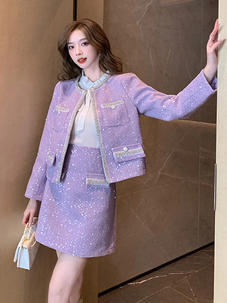 High Quality Purple Sequins Shiny Tweed Two Pieces Set