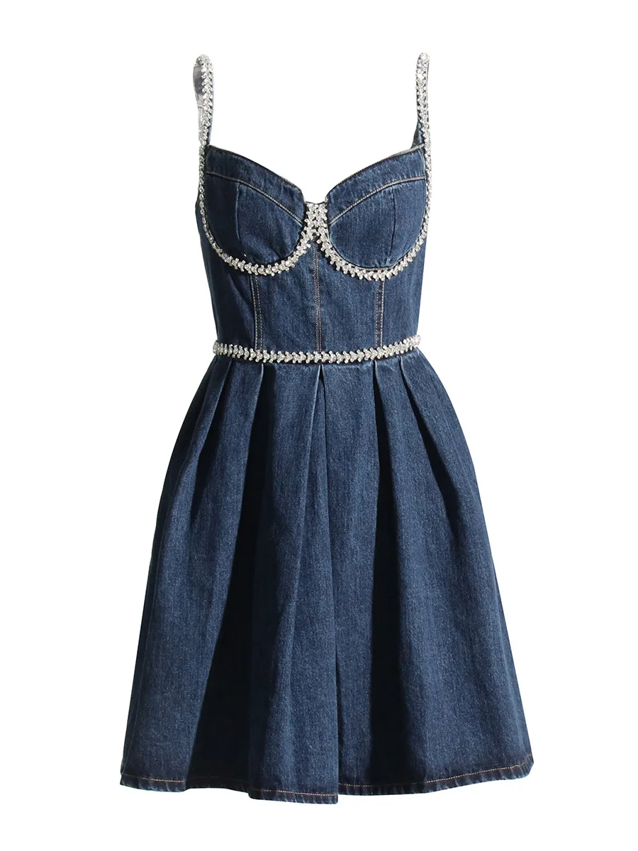 

Women's Dress Rhinestone Inlaid High Waist Denim Mini Dress