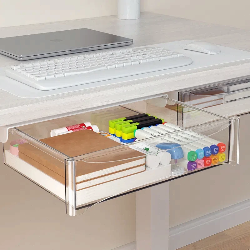 Attachable Under Desk Storage Drawer with Hidden Compartment, Durable Metal Frame for Home or Office Organization