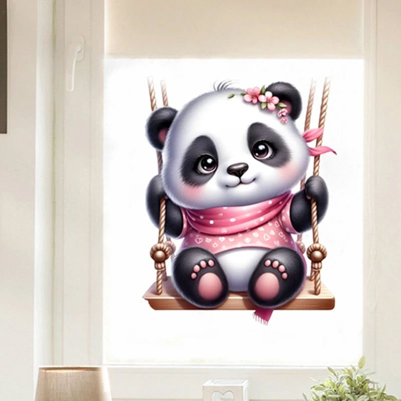 Cute Pink Baby Panda Plays Swing 3D Vinyl Mural Stickers Home Decoration for Kids Room Self Adhesive Wallpaper on the Door Wall
