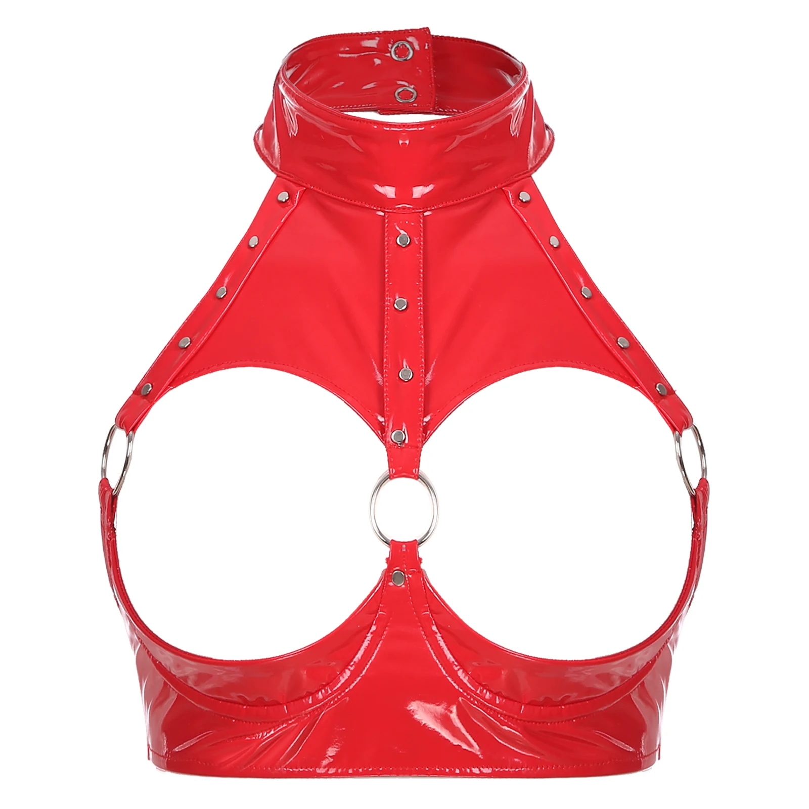 thumbnail image 1 of Lencería Sexy para mujer, sujetador con aros y copa abierta, Top corto, lencería exótica con remaches y anillo redondo, sujetadores de charol con pecho abierto, 1 of 5