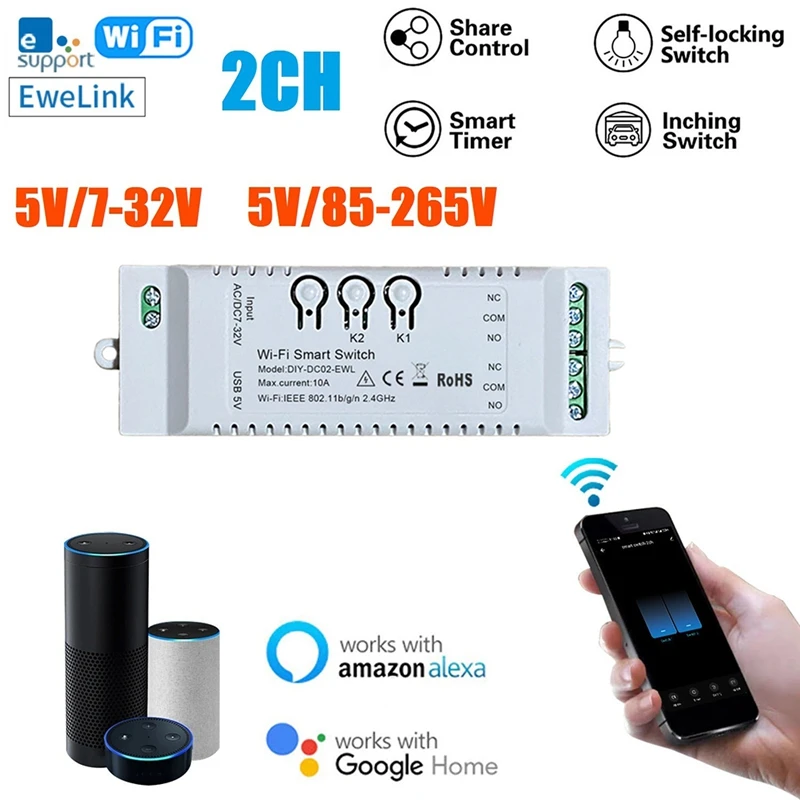 

Умный выключатель с таймером, 2 канала, Wi-Fi, 5 В, 2,4 ГГц